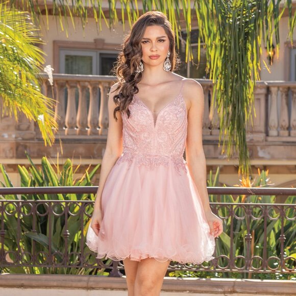 New Blush Sleeveless Graduation Tulle Dress w/ Rhinestones Embroidery DQ 3308 - Picture 1 of 9